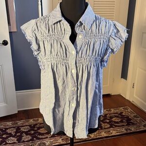 Olivaceous Blue & White Pinstripe Ruffled Cap-Sleeve Button Front Top